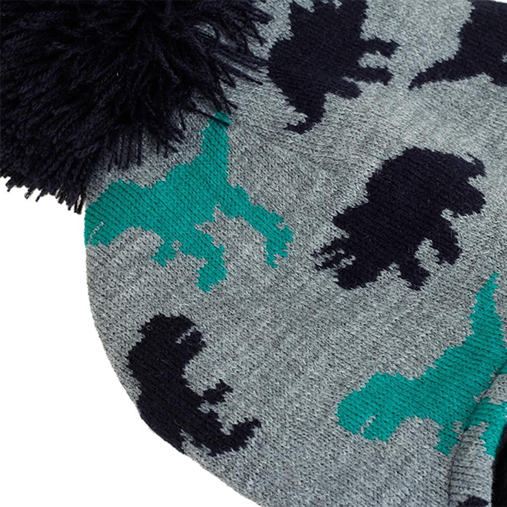 Toddler Knit Beanie Hat with Dinosaur Jacquard Pattern Earflap Design Pom Pom Top Kids Winter Warm Soft Stretchy Hat for Boys Girls