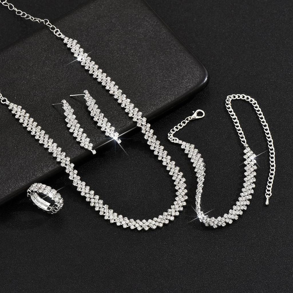 Silver Rhinestone Bride Jewelry Set for Women Sparkling Crystal Necklace Drop Earring Set Accessories for Women Wedding Gift