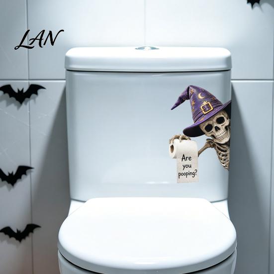 Spooky Bathroom Wall Decor Halloween Sticker, Cute Ghost Witch Cat Toilet Decal, Lifelike Art Skeleton Are You Pooping Sticker for Funny English Quote