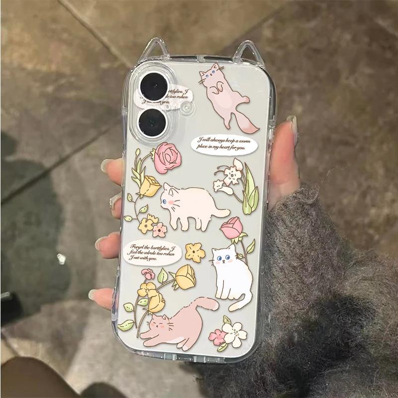 Small Fresh Garden Cat Apple 17Pro Mobile Phone Case IP16 Cat Ears Air Transparent 15 Women 14 Anti-drop 13 Soft Cover
