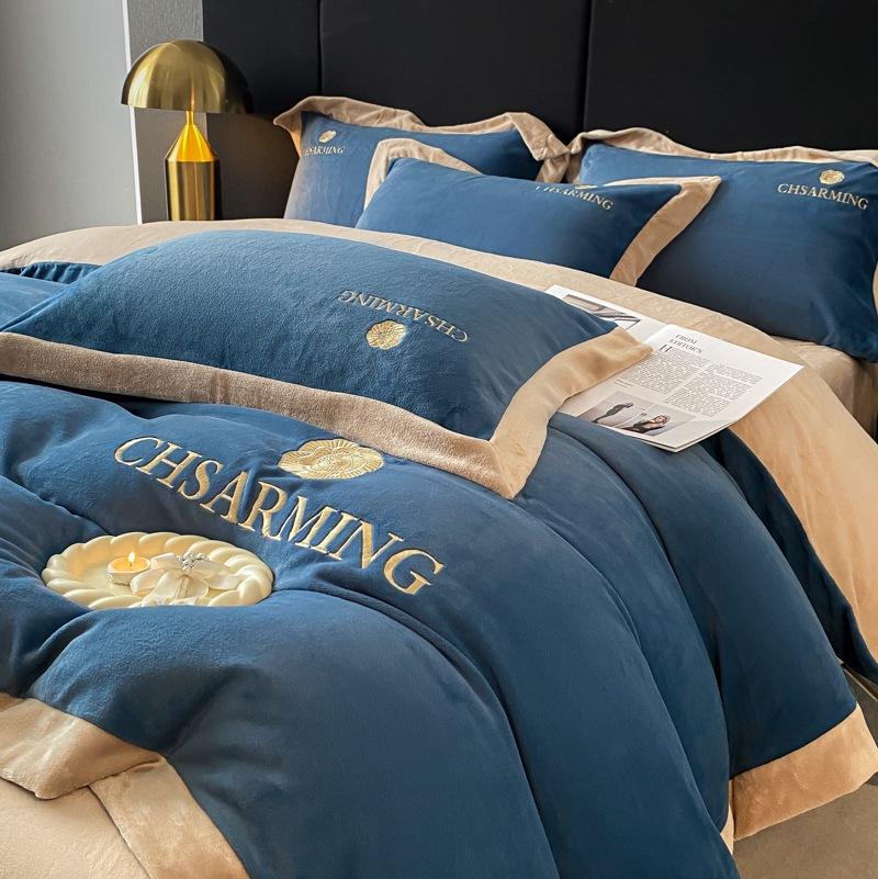 Light Luxury Embroidered Milk Fleece Bed Four-piece Set Winter Thickened Bed Sheet Quilt Cover Pillowcase