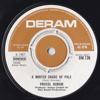 7palcový singl PROCOL HARUM A Whiter Shade Of Pale DM126 Deram 1967 UK Rock Použitý