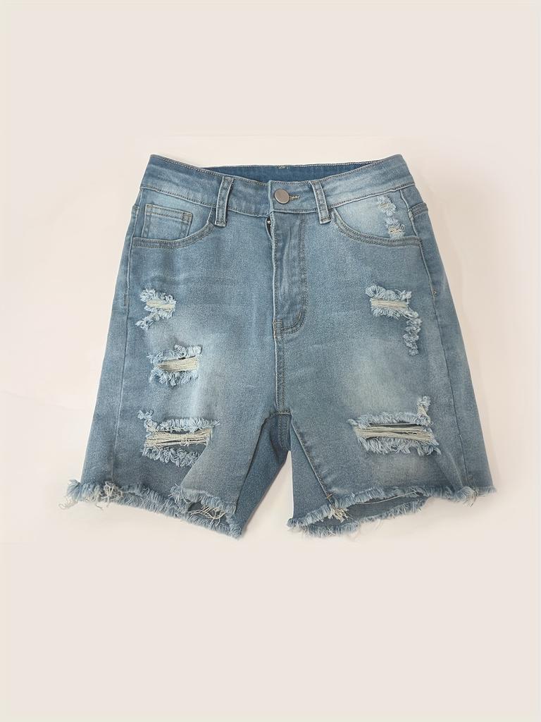 Ripped Raw Hem Denim Shorts, Distressed Washed Blue Denim Shorts, Women's Denim Jeans & Clothing