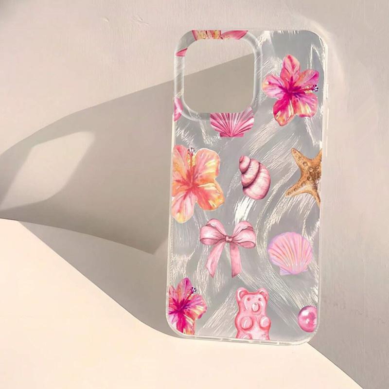 

Pink Hibiscus Floral Feather Art Phone Case for iPhone 17 16 15 14 13 12 11 Series Pro Max Plus Double Layer Protection iphone 14 Plus