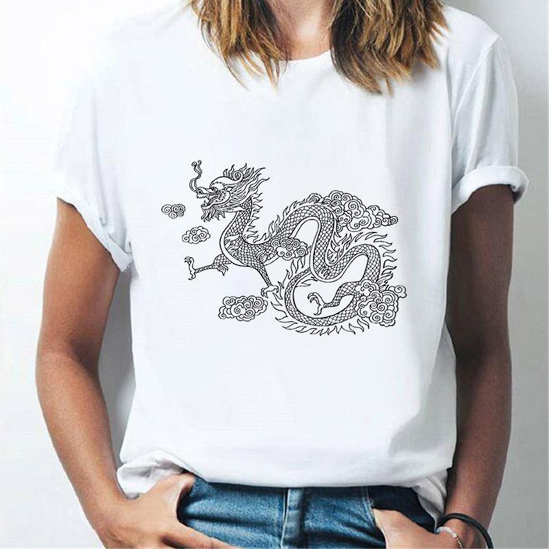 

2025 New Women’S T-Shirt Dragon Domineering Pattern Printing Streetwear Ladies Graphic Summer Female Tee Tops S білий