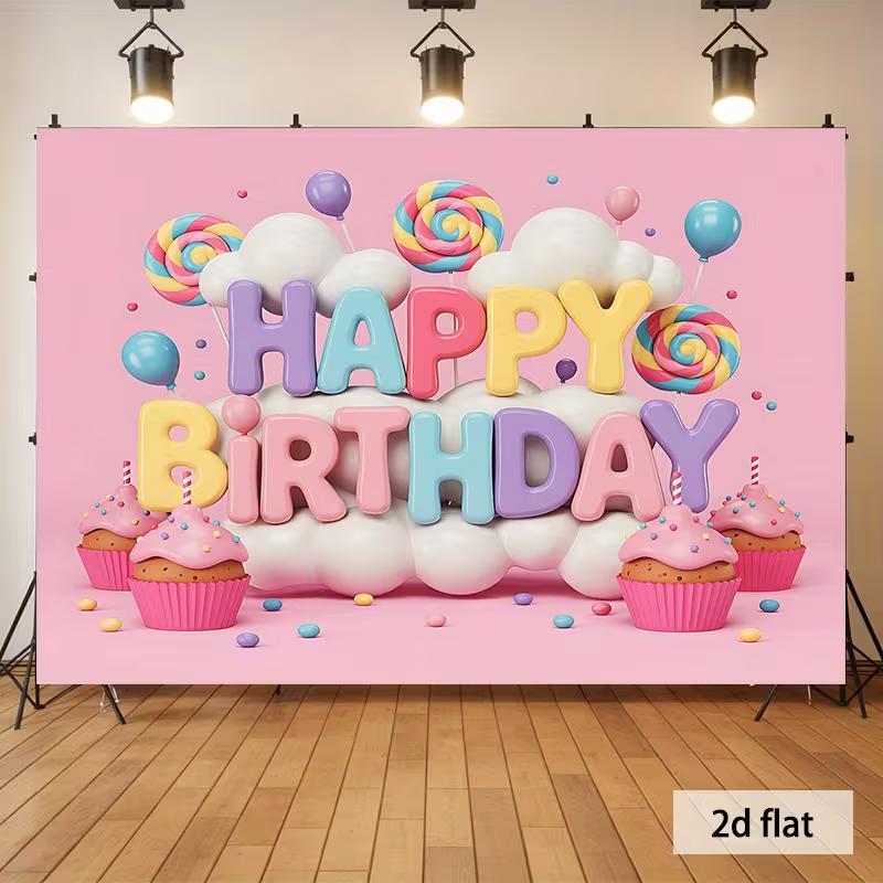 2D Flat Sweet Candy Birthday Banner Pink Background with 3D Letters, Cupcakes & Lollipops