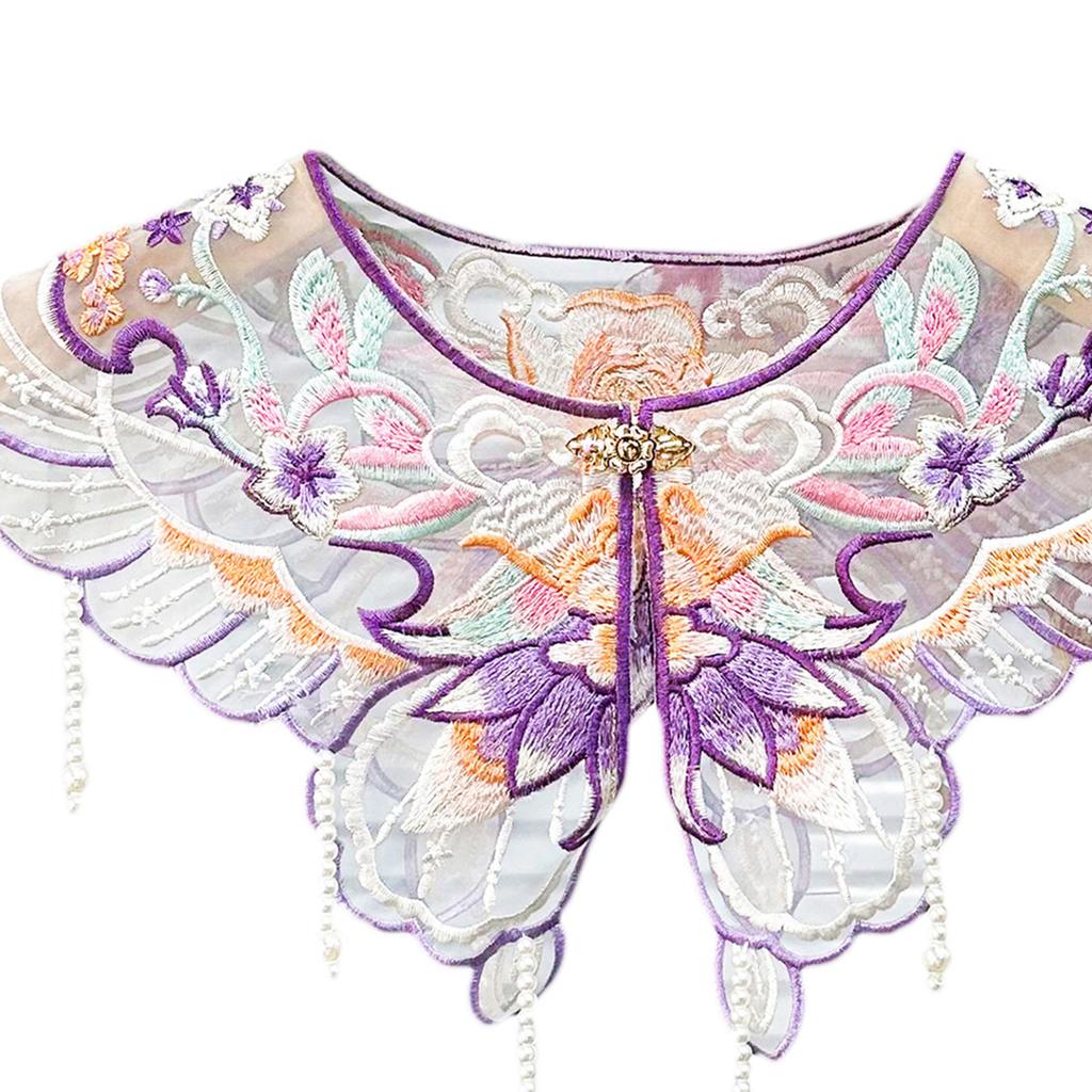 Chinese Style Embroidered Lace False Collar Girls Shirt Sewing Supplies Lace Collar Shawl with Pearl Adjustable Size