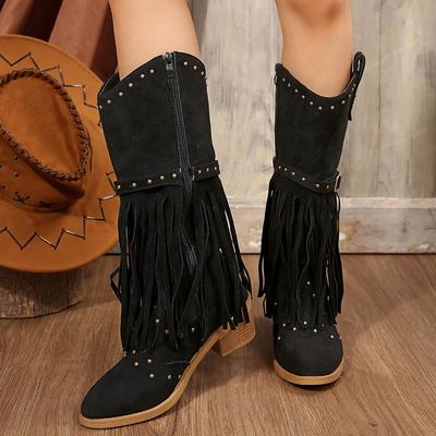 Vintage Tassels Mid-calf Boots Women Rivet Decoration Thick Heeled Western Boots Woman Zip High Tube Cowboy Booties Plus Size