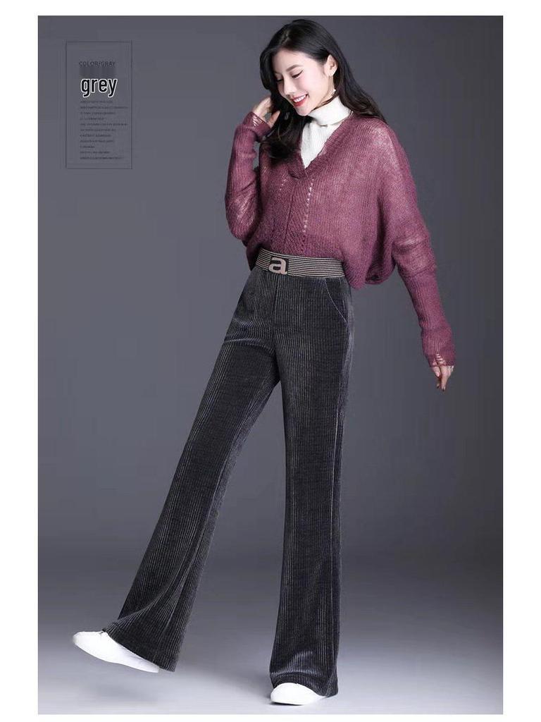 Dámské manšestrové kalhoty s vysokým pasem a širokými nohavicemi s fleecem - Pohodlné, volný střih pro podzim a zimu.