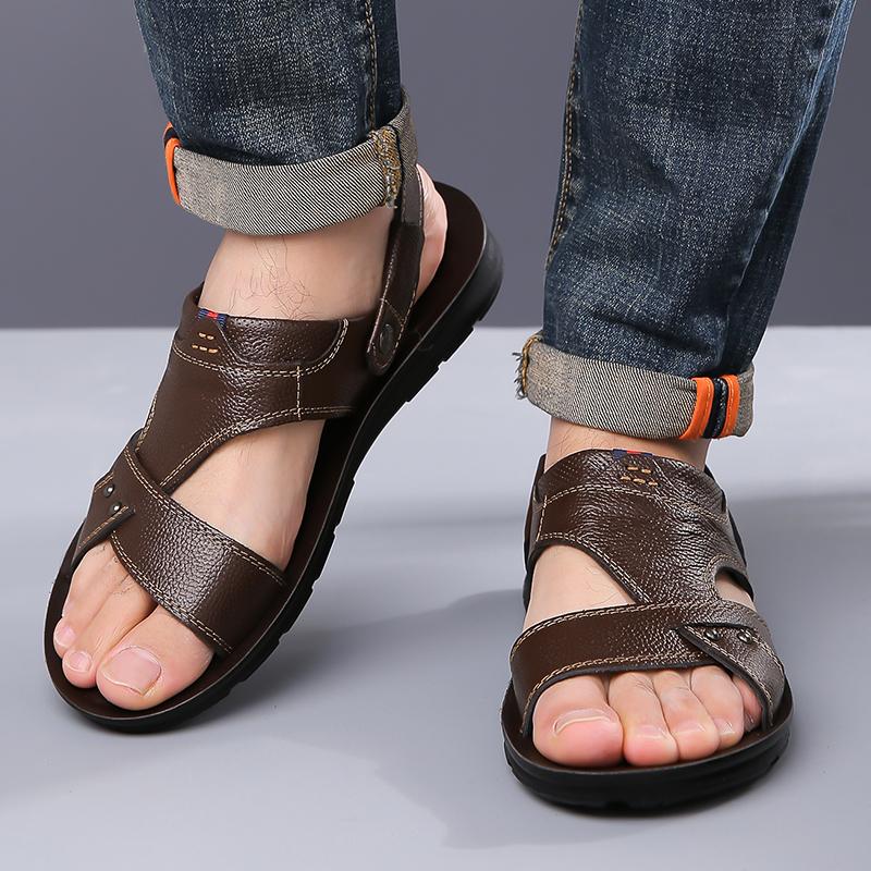 Herren Schwarz Leder Sandalen Sommer Braun Outdoor Wandersandalen Outdoor Breite Zehenpartie Strandschuhe für Vater Übergröße