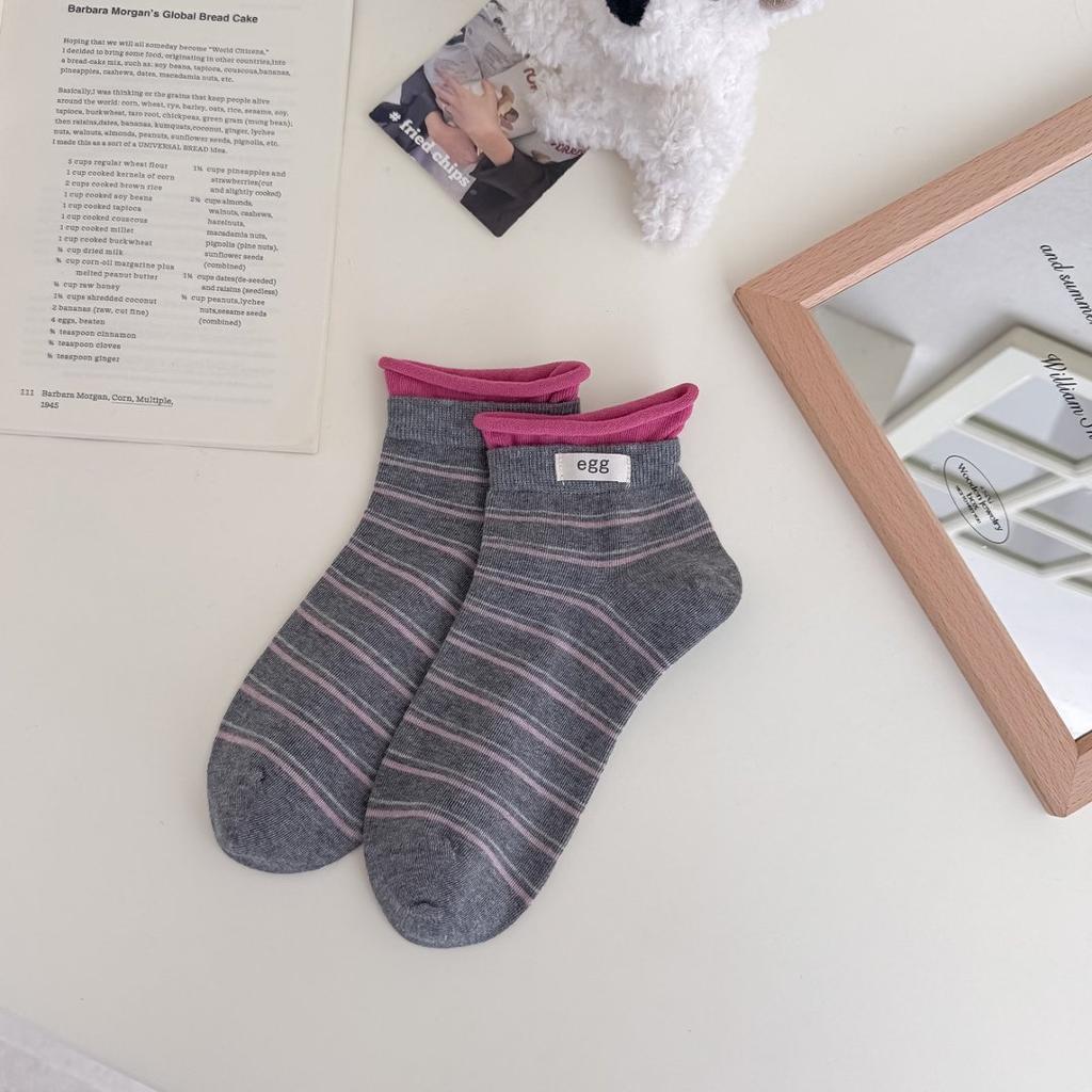 Sock Children's Short Socks, Summer and Spring Rolled-edge Striped Thin Summer Girls' Versatile Short Tube Socks
