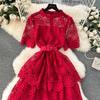 Summer Hollow Out Ruffles Lace With Belt Patchwork Dress High Waist Vestidos Sweet Style Women's Dresses Autumn Spring