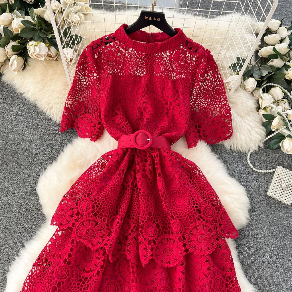 Summer Hollow Out Ruffles Lace With Belt Patchwork Dress High Waist Vestidos Sweet Style Women's Dresses Autumn Spring