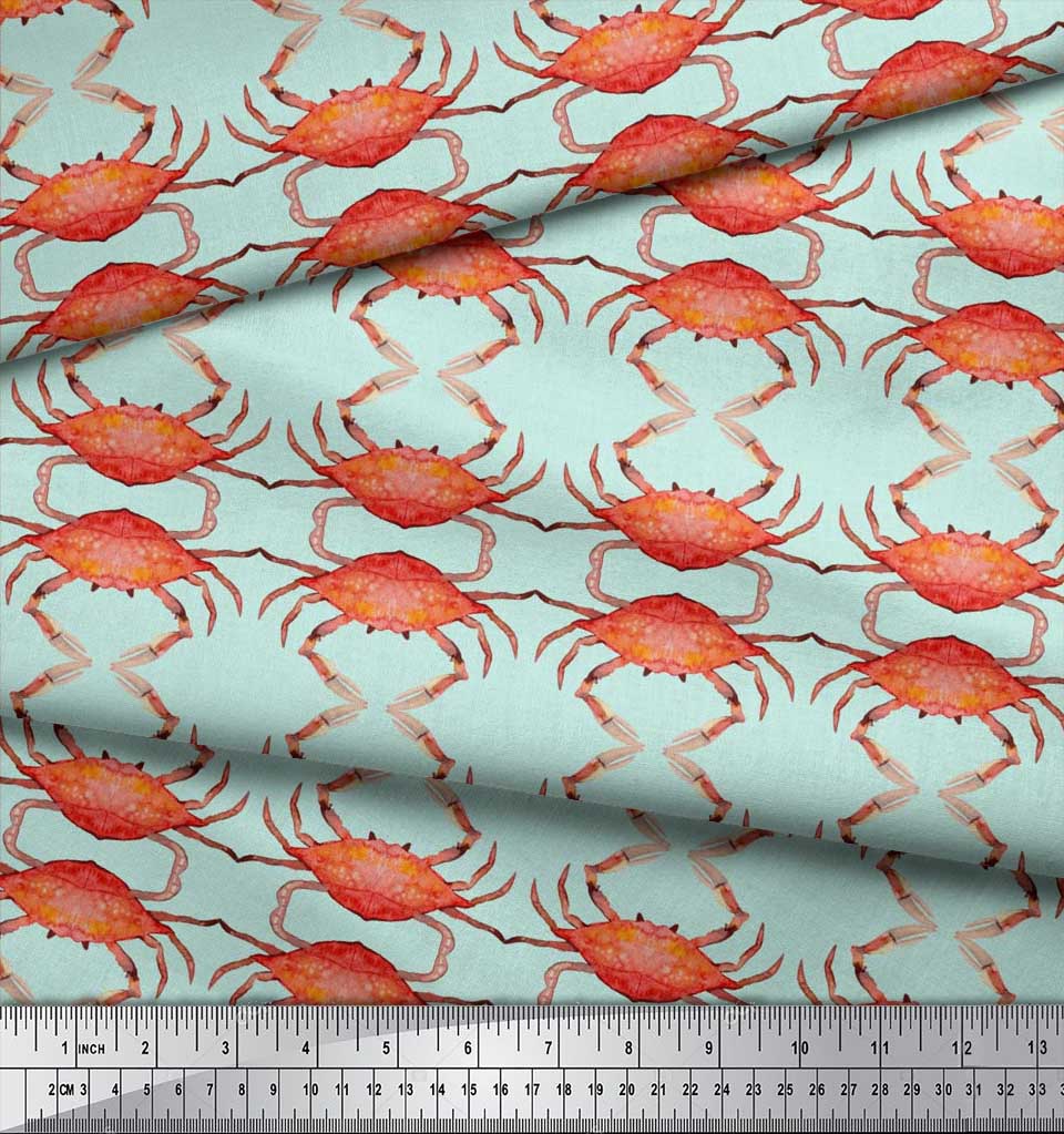Soimoi Beige Japan Crepe Satin Fabric Crabs Ocean Print Fabric by the metre 42 Inch