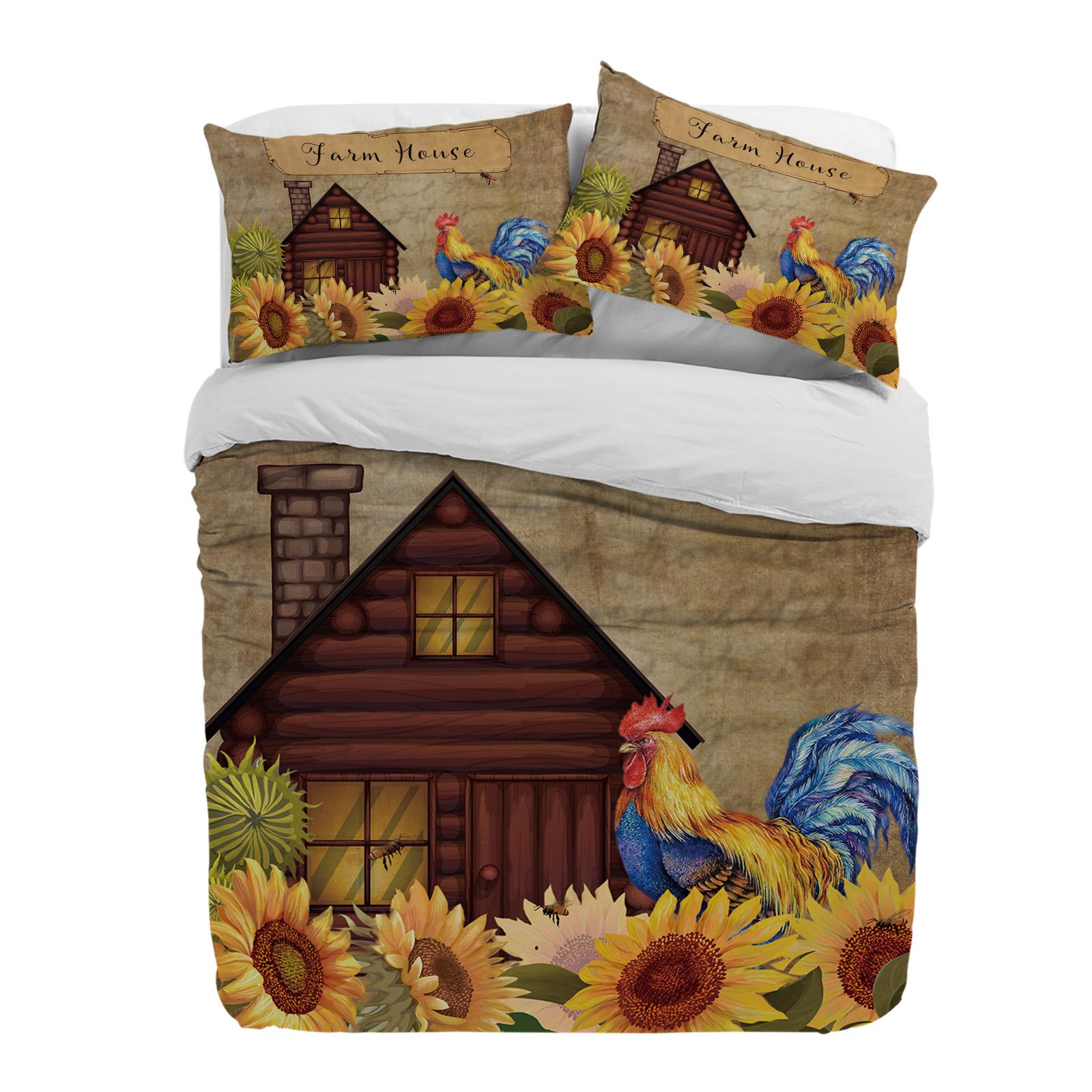 Farm Sunflower Rooster Vintage Duvet Cover With Pillow Case Custom 3pcs Bedding Set Quilt Cover Double Bed Home Textile (135x200cm)