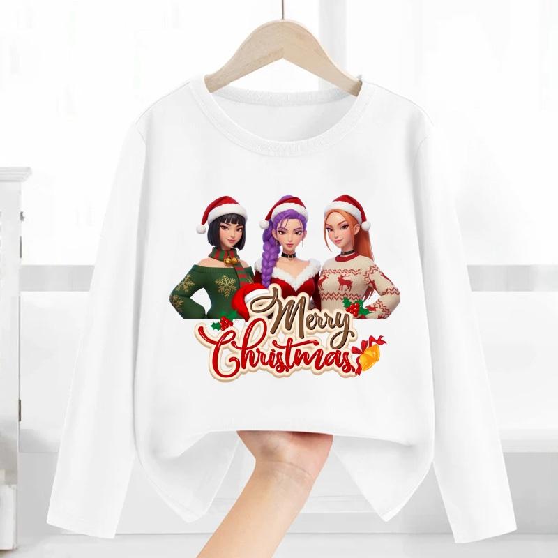 Merry Christmas Kpop Demon Hunters Print Fashion Kids T Shirt Casual Children Clothes Autumn Baby Boys Girls Long Sleeve T-shirt