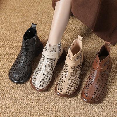 GKTINOO 2025 Summer Ankle Boots Genuine Leather Shoes Women Low Heels Sandals Side Zip Boots Cutout Breathable Mujer Zapatos