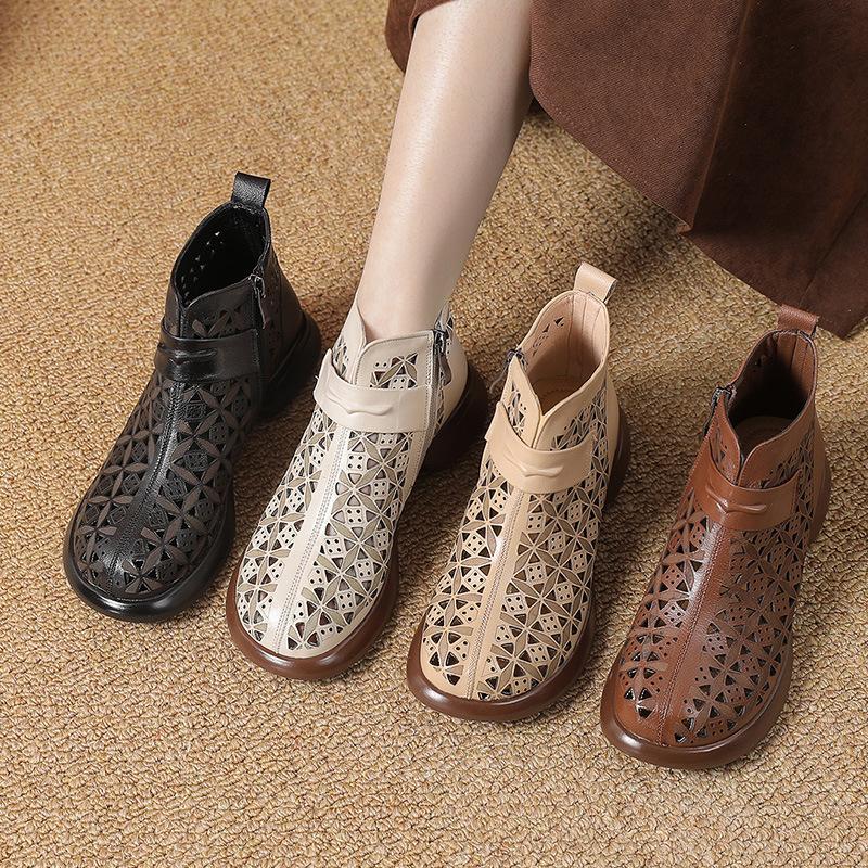 Fashion GKTINOO 2025 Summer Ankle Boots Genuine Leather Shoes Women Low Heels Sandals Side Zip Boots Cutout Breathable Mujer Zapatos