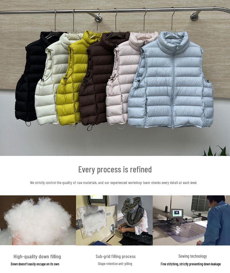Women's Short White Duck Down Ribbed Vest - 2026 Autumn/Winter Korean Style, Loose Stand Collar, Casual Fit.