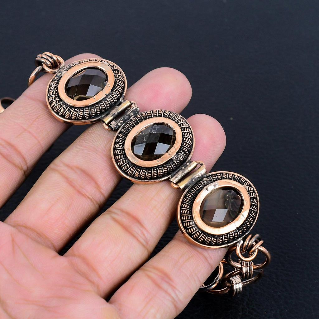 Smokey Topaz Bracelet, 999 Copper Wire Wrapped Jewelry, Gemstone Bracelet Whit Adjustable Chain Gift For Her, Handmade Dainty Jewelry