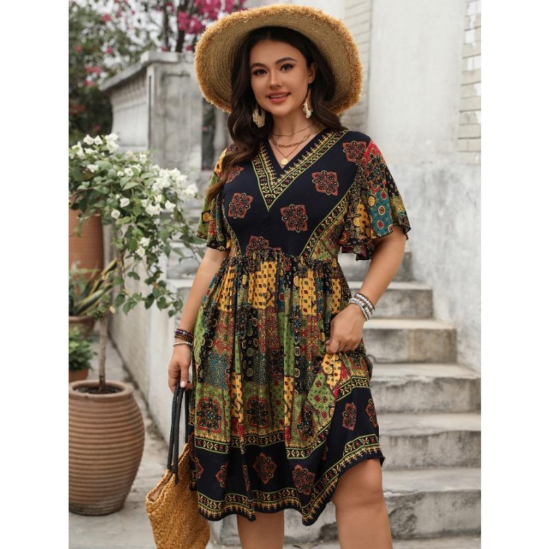 

Женское весенне-летнее повседневное платье в стиле бохо с высокой талией и V-образным вырезом 4XL чёрный