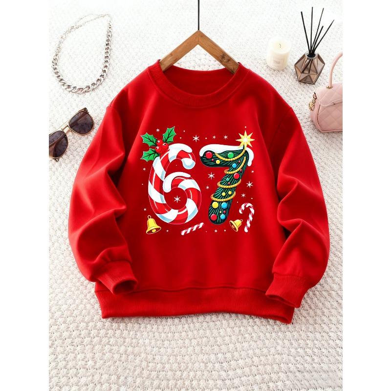 Girl's Round Neck Sweatshirt with Creative Number 67 Pattern, Candy Cane and Christmas Tree Elements, Kids' Top