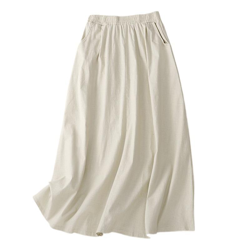 Real summer new large size literary wash cotton and linen elastic waist casual and thin medium and long skirt women