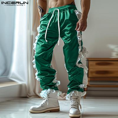 Men Elastic Waist Drawstring Ruffled Hem Patchwork Long Harem Pants