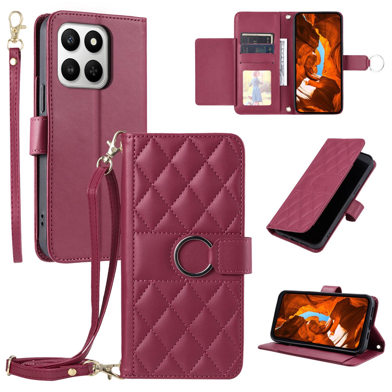 

Crossbody Leather Case for Honor 400 Smart 5G/4G/X7d 5G/4G Ring Buckle Wallet Stand Rhombus Mobile Cover