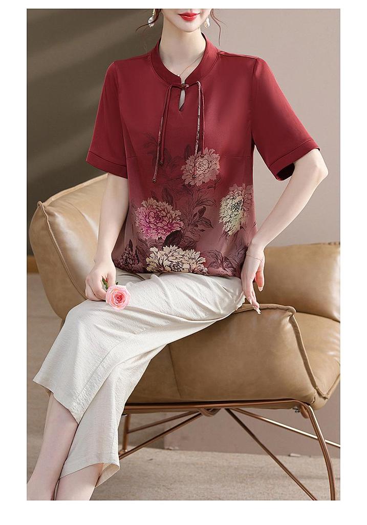 Mom's 2026 Chinese Style Chiffon Suit: Short-Sleeve Printed Top for Middle-Aged and Elderly Women