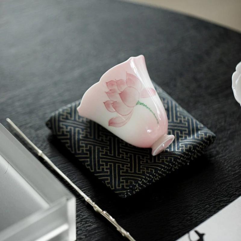 Pink HandPainted Lotus Ceramic Tea Cup Flared Rim Zen Tea Bowl for Kung Fu Ceremony Floral Design HighStem Sipping Cup