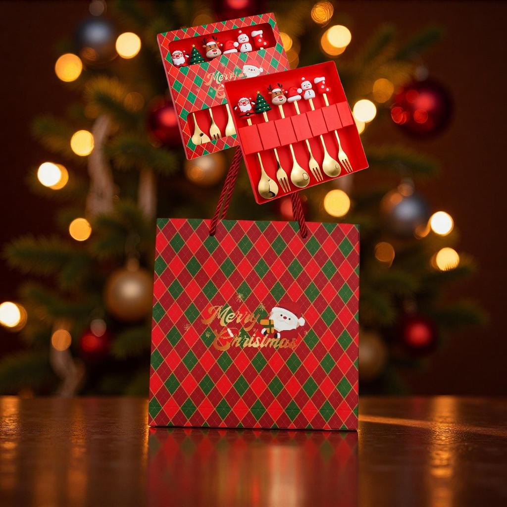 Christmas Cartoon Cutlery Set: Forks, Spoons, and Gift Box Featuring Cute Reindeer and Tree Designs.