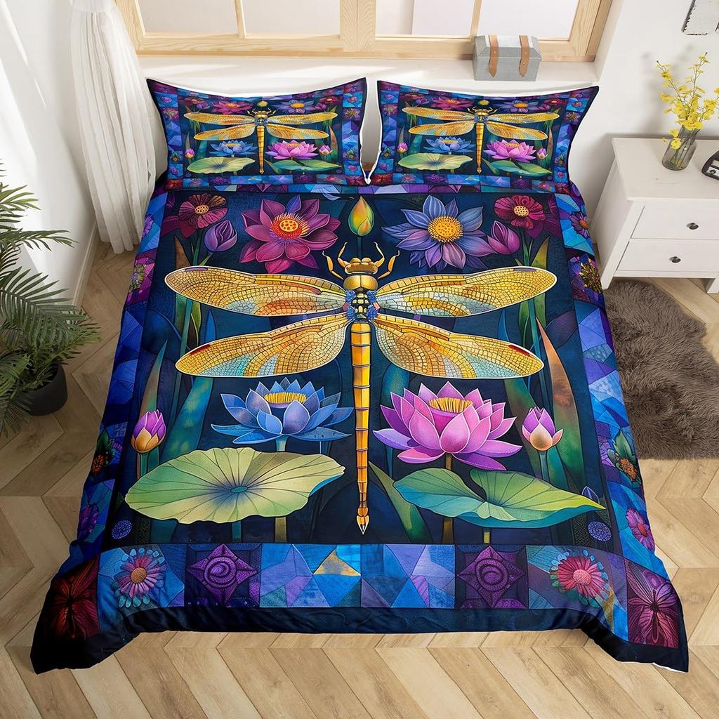 Dragonfly and Lotus Duvet Covers for Kids Teens Lightweight Quilt Covers Blossom Flowers Pond Natural Scenery Animal Bedding Set