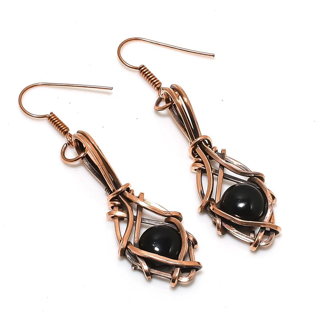 Black Onyx 999 Copper Wire Wrapped Earrings, Handmade Gemstone Jewelry Earrings For Memorial Day