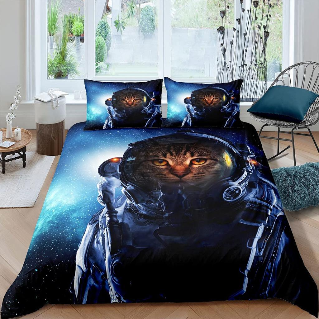 Galaxy Cat Duvet Cover Universe Galaxy for Kids Boy Girl Cute Kitten Printed Outer Space Planets Quilt Cover Bedroom Decorations