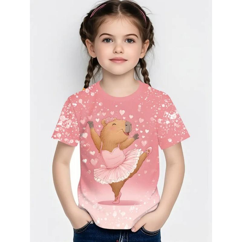 T-Shirts for Girls Fashion Capybara Children Clothes Summer Girls Clothes 7 To 8 Years Tops Cute Cartoon Print Tee Child T-Shirt