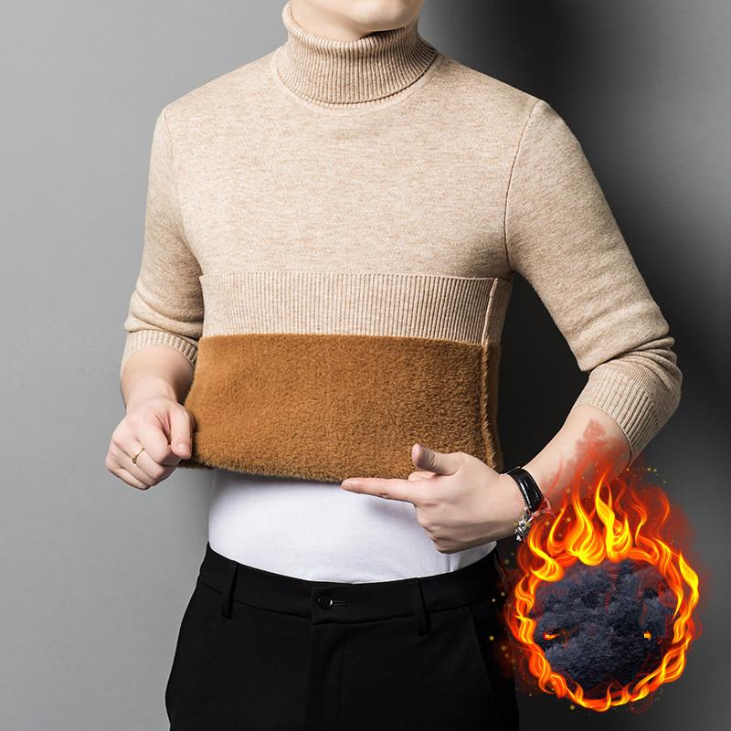 

Winter Fleece Knitted Turtleneck Sweater Men Solid Color Warm Pullovers Mens Slim Fit Fashion Smart Casual Knit Pullover Sweater M верблюд
