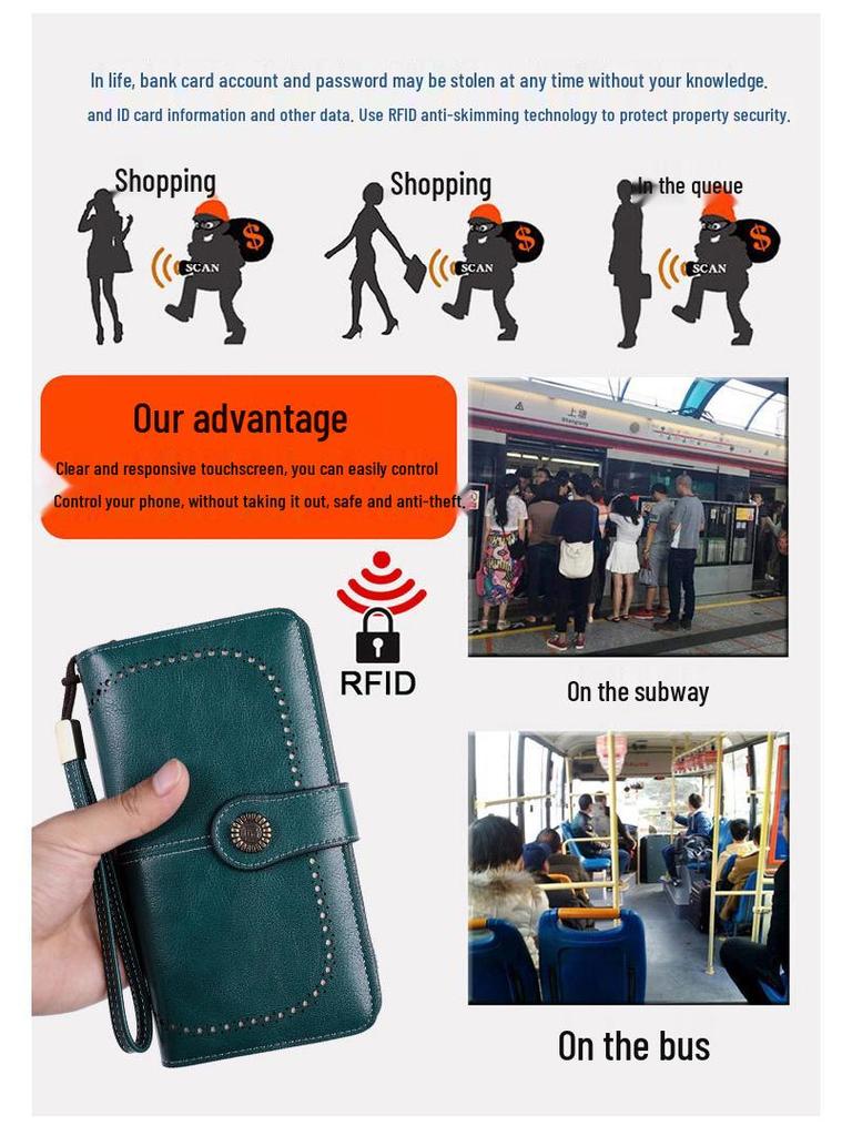 RFID-Blocking Women's Long Zipper Wallet: Large Capacity European & American Style