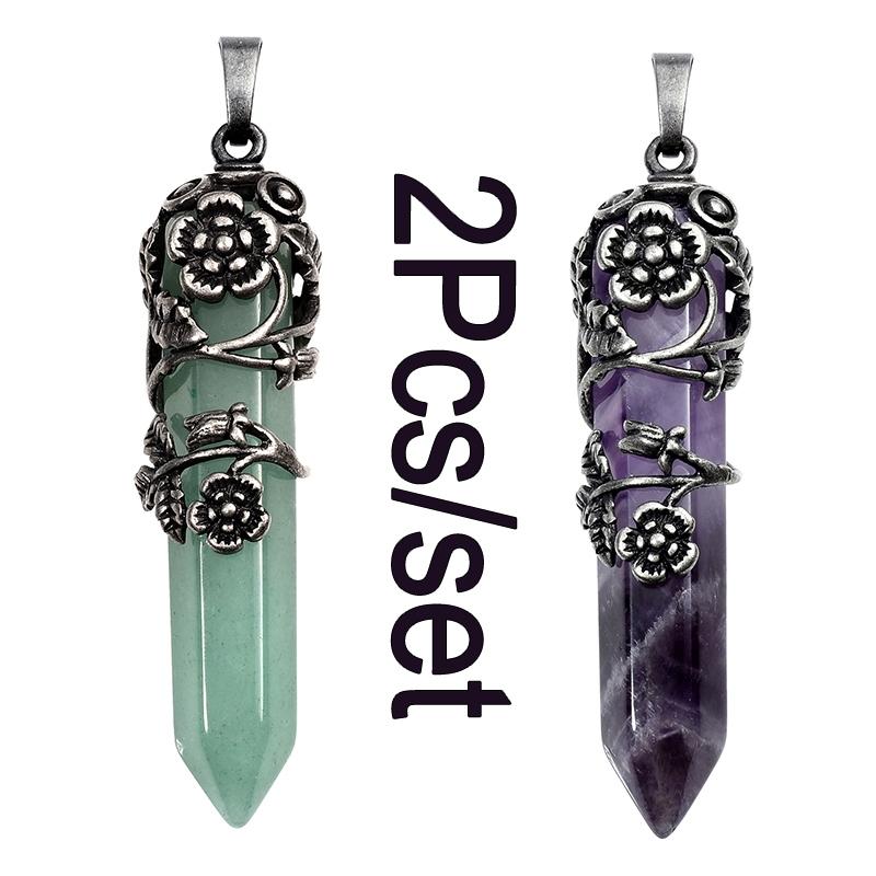 Mode natürliche Kristall sechseckige Säule Vintage Legierung Rose Anhänger Amethyst Kristall Halskette