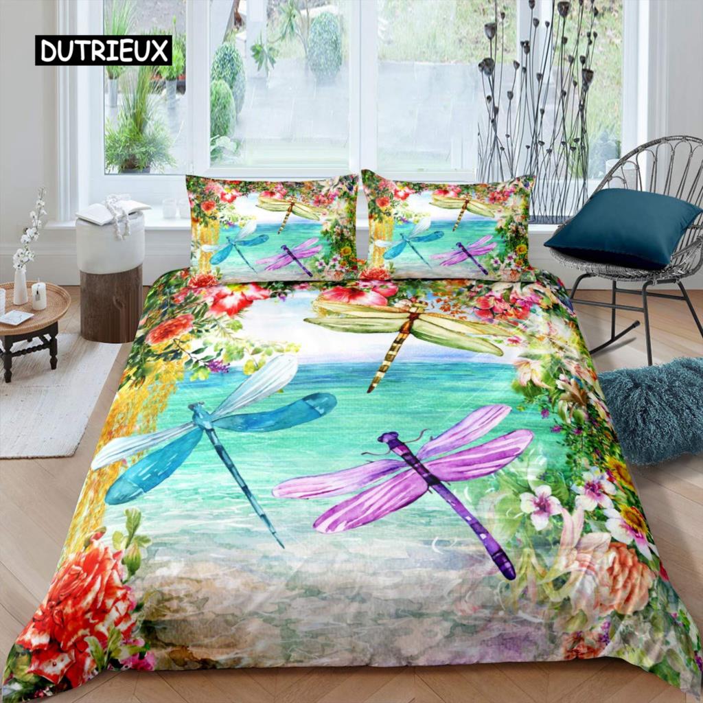 Dragonfly Duvet Cover Set King Size Colorful Wing Bedding Set for Kids Teens Adult Forset Wild Animal Theme 2/3pcs Quilt Cover