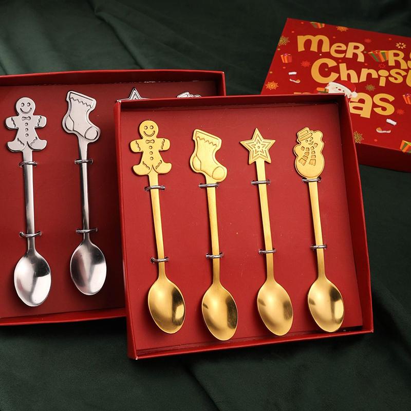 Christmas Spoons Set Portable Travel Use Stainless Steel Santa Claus Elk Snowman Dessert Soup Spoon Xmas Tableware