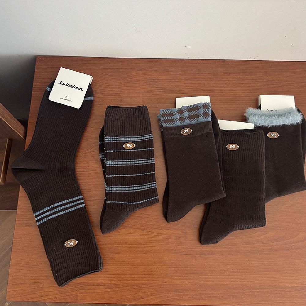 Autumn and Winter Bow-buttoned Mid-calf Socks, College-style Striped Blue Coffee-shaped Pile Socks