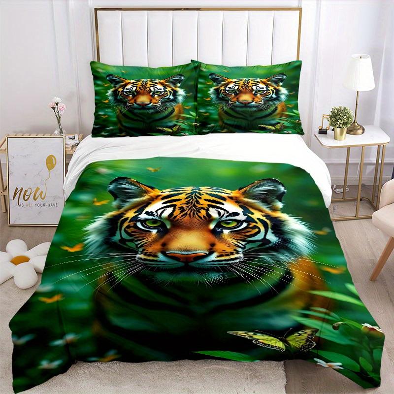 3Pcs Tiger Print Printed Bedding Set, Breathable And Soft, Machine Washable, Christmas Gift, Suitable for Bedroom Decoration, 15143
