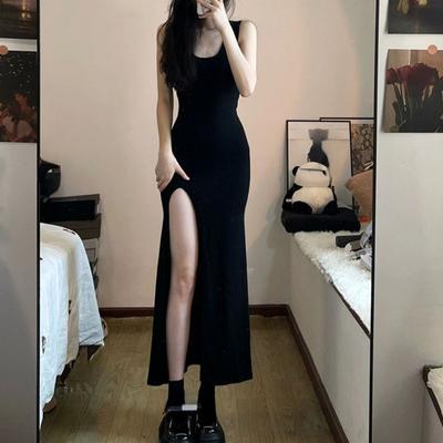 Black Sleeveless Strap Dress Women Sexy Slim Fit Side Slit Irregular Maxi Dress Woman Summer Korean Simple One Piece Dresses
