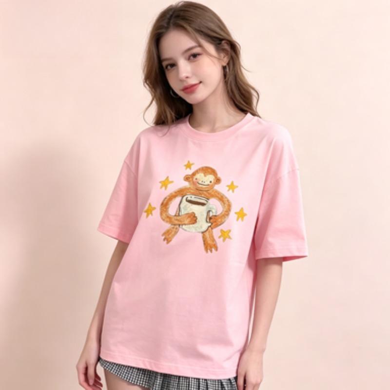 100 Cotton Unisex Round Neck T Shirt Cute Hand Drawn Monkey Hold Cup With Yellow Stars Print Short Sleeve Loose Casual Tee