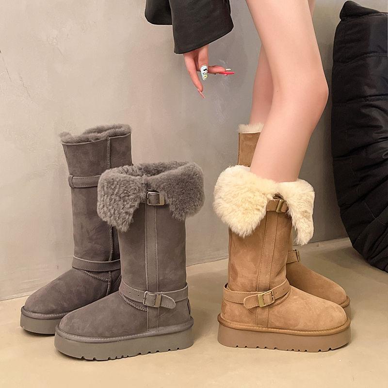 Fur Integrated Snow Boots Women's Winter New High Tube Can Be Folded Two Wear Thickened Warm Cotton Shoes Medium Boots