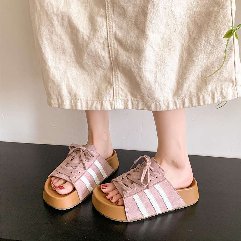 

Cool slippers women s 2025 new height increase summer Korean version versatile three Boken lace-up thick bottom French casual premium 40 розовый