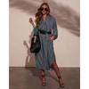 European and American Women's Clothing Amazon Spring and Autumn Fashion V-neck Loose Striped Belt Shirt Dress