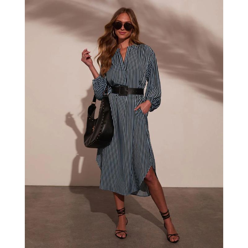 European and American Women's Clothing Amazon Spring and Autumn Fashion V-neck Loose Striped Belt Shirt Dress