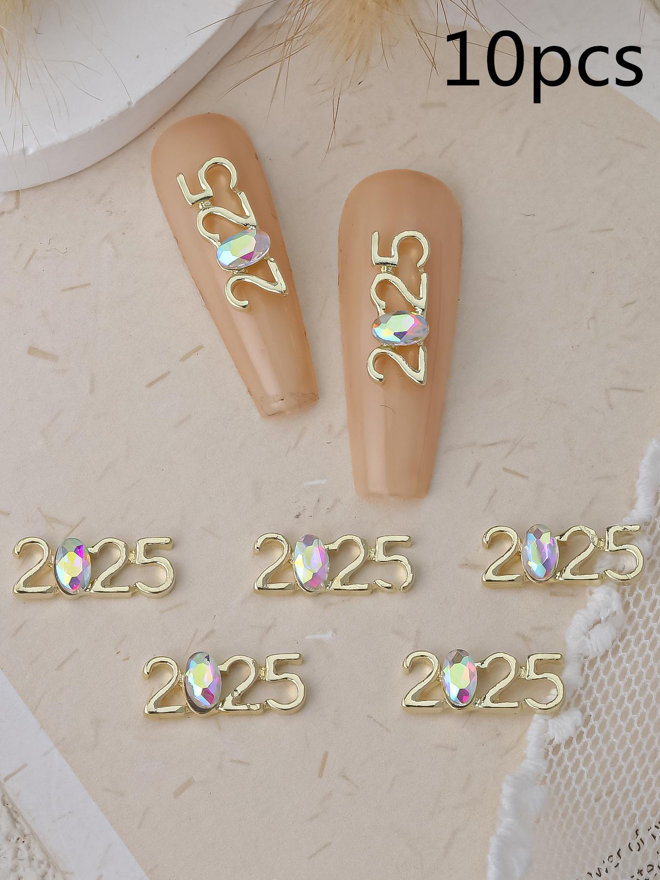 

10 шт. «2025» новогодние золотые украшения для ногтей, «2025» сплав блестящие стразы подвески для ногтей 3D шпильки для ногтей украшения для поделок своими руками